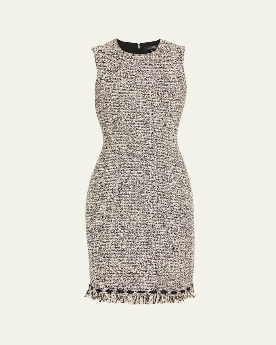 Ribbon-Trim Fringed Tweed Dress